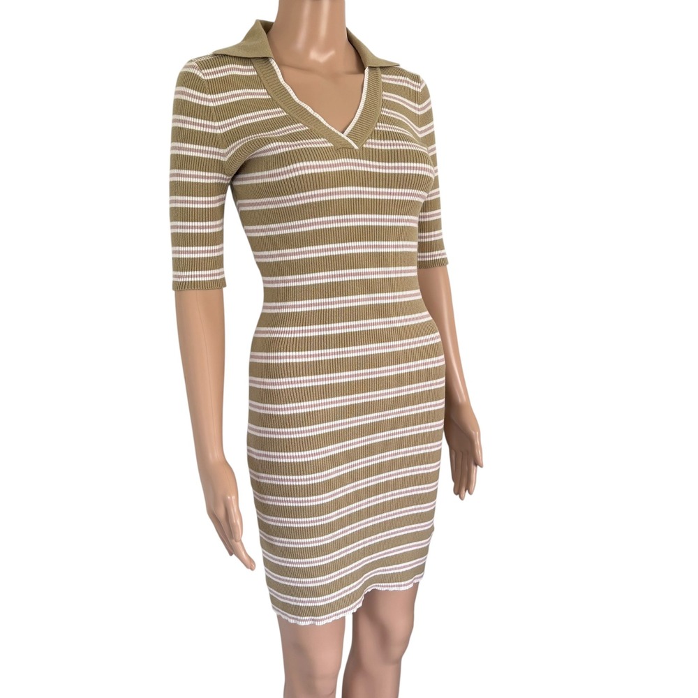 Favorite Daughter Green Striped Ribbed Polo Mini Dress V-Neck Short Sleeve M - Picture 2 of 8